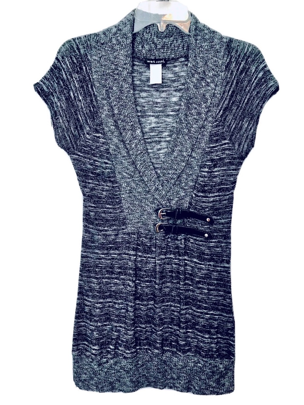 Wet Seal Womens L Black White Belted Shawl Collar Cap Sleeve Y2K Tunic Sweater